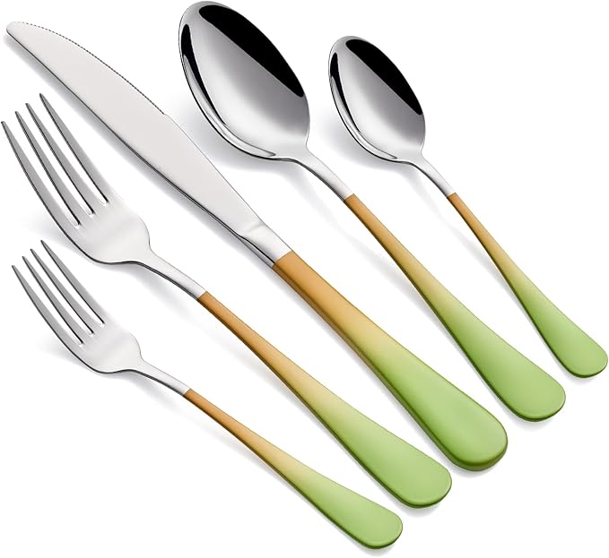 Colorful Silverware Set 20 Piece 18/0 Stainless Steel Flatware Green and Orange Handle Cutlery Set Service for 4 Fork Knife Spoon Set Mirror Finish Dishwasher Safe