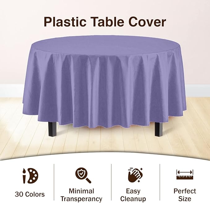Party Solids 12-Pack Premium Plastic Tablecloth 84in. Round Table Cover - Lavender