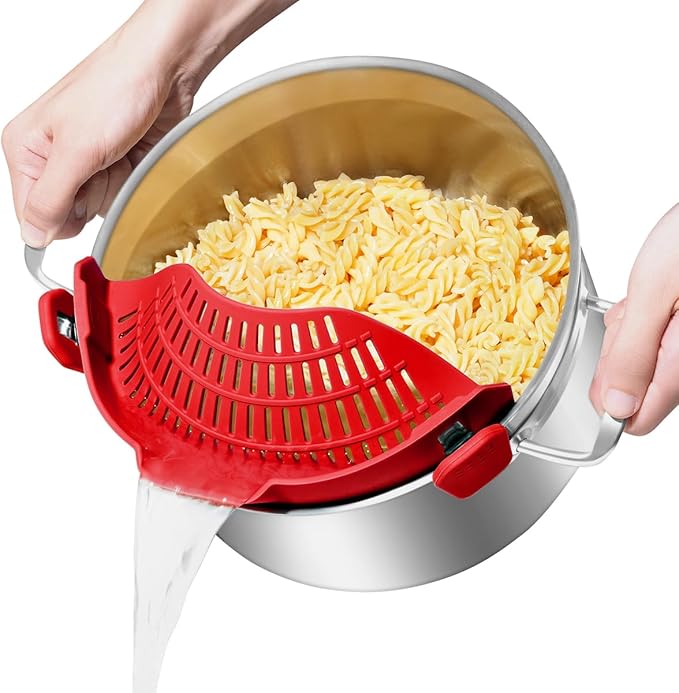 Large AUOON Clip on Strainer for All Pots and Pans - Oversized Silicone Pot Strainer Family-Style Design Pasta Strainer Kitchen Colander for Spaghetti and Noodles | Dishwasher Safe