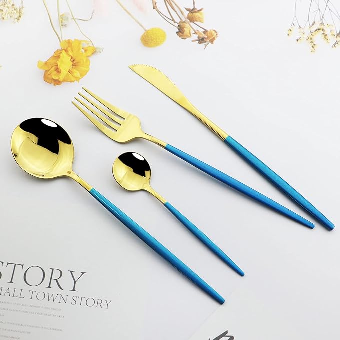 JASHII Flatware Serving Set 24 Piece, Stainless Steel Silverware Set, Blue Gold Cutlery Set, Modern Elegant Tableware Set for Party, Christmas, Dinner (Blue Gold)