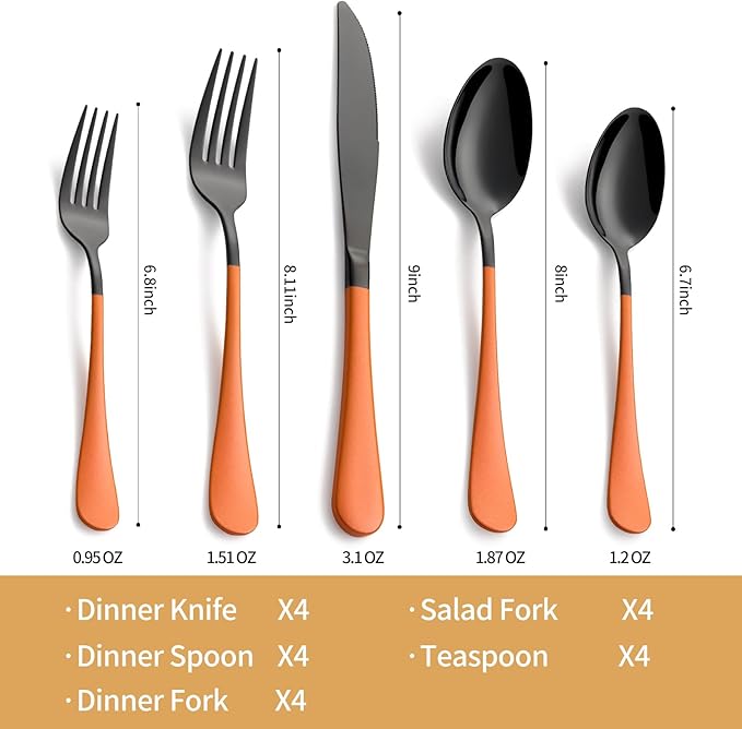 20-Piece Black Silverware Set 18/0 Stainless Steel Silverware Set Orange Handle Cutlery Set Service for 4 Dinner Knives Forks Spoons Set Flatware Set Finish Dishwasher Safe