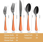 20-Piece Black Silverware Set 18/0 Stainless Steel Silverware Set Orange Handle Cutlery Set Service for 4 Dinner Knives Forks Spoons Set Flatware Set Finish Dishwasher Safe
