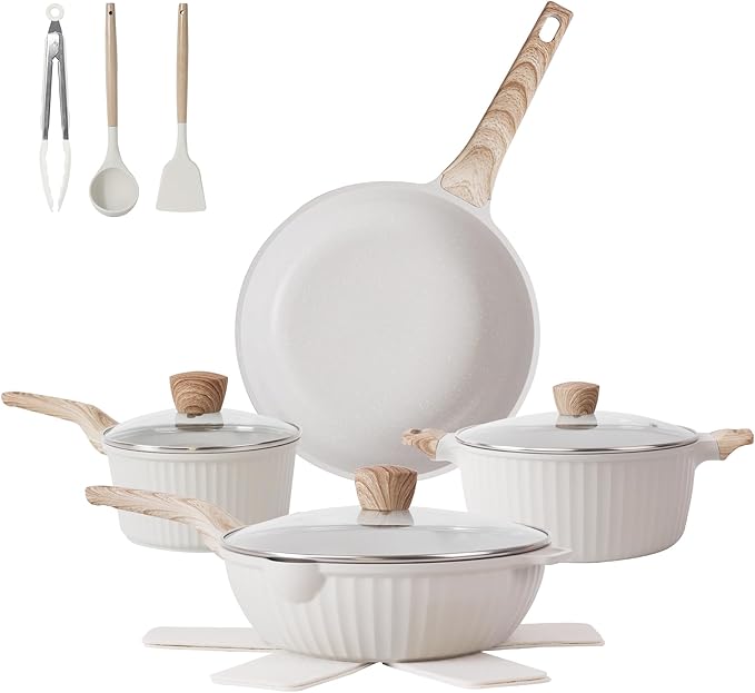 Pots and Pans Set Non Stick, 13Pcs Kitchen Cookware Sets, Granite Stone Induction Cookware Non Stick Cooking Set w/Frying Pans, Saucepans, Sauté Pan (PFOA Free), Cream White