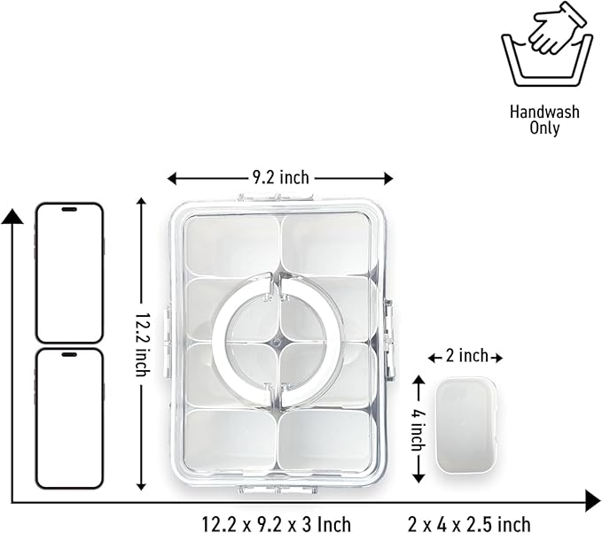 Divided Serving Tray with Lid and Handle,8 Compartments Snacks Box,Snack Fruit and Veggie Tray,Portable Platter for Candy Fruits Nuts Snack Party Entertaining Picnic (1 PCS)