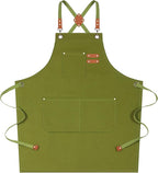 AFUN Chef Aprons for Women Men with Large Pockets, Cotton Canvas Cross Back Water Repellent Work Apron, Size M to XXL (Armygreen)