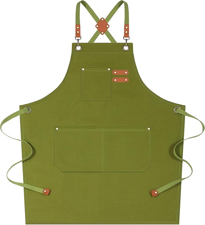 AFUN Chef Aprons for Women Men with Large Pockets, Cotton Canvas Cross Back Water Repellent Work Apron, Size M to XXL (Armygreen)