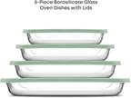 JoyJolt 8-Piece Borosilicate Glass Oven Dishes with Sage Green Lids, Rectangle Deep Glass Baking Dish Set, Baking Pans for Lasagna Casserole Cake, Bakeware Set, Freezer to Oven Tray to Dishwasher