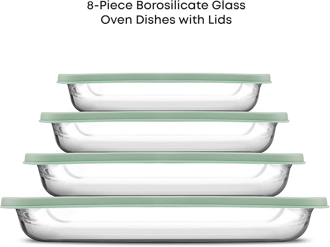 JoyJolt 8-Piece Borosilicate Glass Oven Dishes with Sage Green Lids, Rectangle Deep Glass Baking Dish Set, Baking Pans for Lasagna Casserole Cake, Bakeware Set, Freezer to Oven Tray to Dishwasher