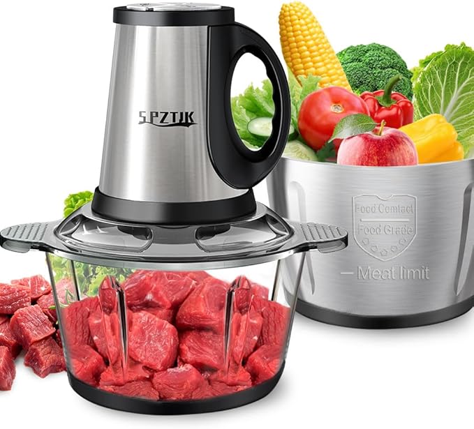 Food Processor, 3-Speed Electric Food Chopper with Vegetable Chopper & Meat Grinder - 2 Bowls (8 Cup Stainless Steel+8 Cup Glass), 300W, 2 Sets of 4 Bi-Level Blades for Vegetable/Fruits/Meat