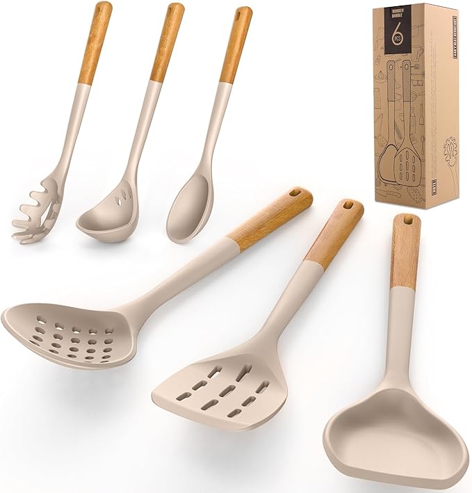 Large Silicone Cooking Utensils Set - Heat Resistant Silicone Kitchen Utensils for Cooking w Wooden Handles, Spatula Set, Kitchen Utensil Gadgets Sets for Non-Stick Cookware, BPA Free (Cream White)