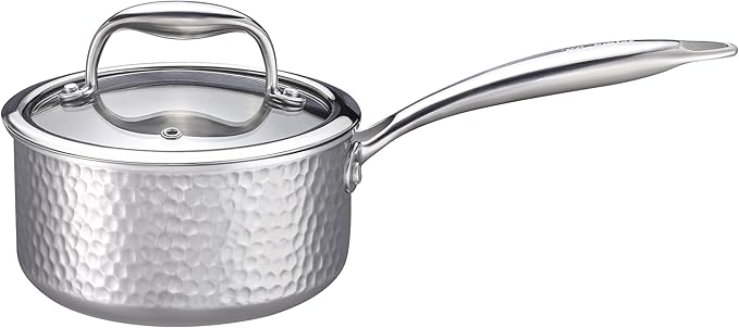 1-Quart Saucepan with Lid, Tri-Ply Stainless Steel Pot with Stay-Cool Handle & All Cooktop Compatibility (Gas, Ceramic, Electric) - Silver Hammered