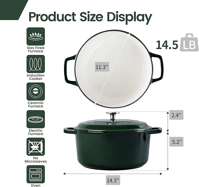 Enameled Cast Iron Dutch Oven Pot With Lid, Dutch Oven for Sourdough Bread Baking Round Pot Dule Handle, 7.5 Quart, Green