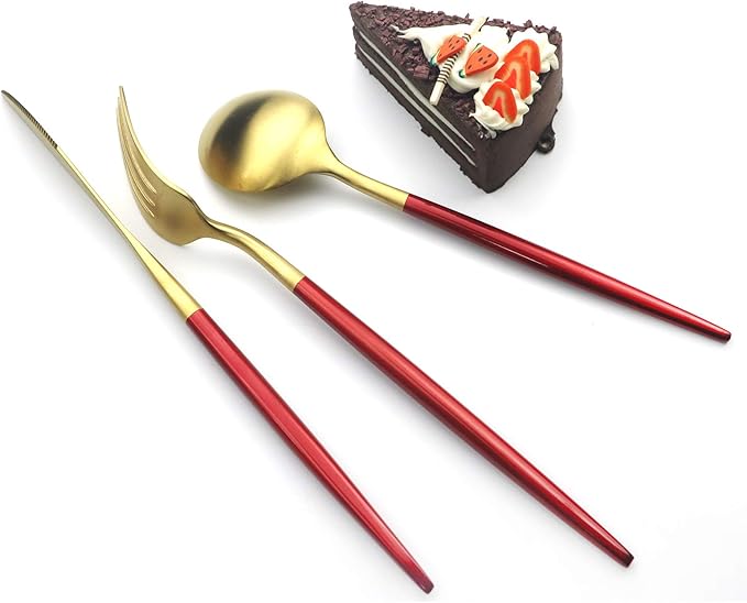 Gugrida Red Gold Flatware, Royal 20 Pieces Matte White Handle 18/10 Stainless Steel Tableware Sets for 4 Including Forks Spoons Knives, Camping Silverware Travel Utensils Set Cutlery (Red Gold)