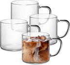 14 oz Glass Coffee Mugs Set of 4 Large Glass Coffee Cups with Anti Scald Handles,Lightweight Durable Clear Mugs for American Cappuccino Latte Tea Milk Espresso Juice Hot and Cold Beverages
