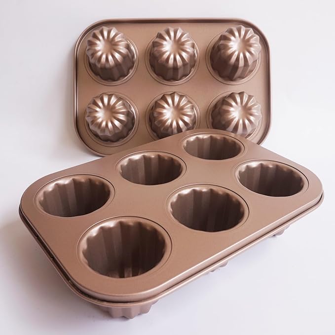 Canele Molds 6-Cavity Nonstick, Mini Canele Mold Cake Pan, Carbon Steel Canelle Pastry Molds, Washable Muffin Cupcake Pans for Oven Baking - Gold