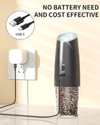 CIRCLE JOY Gravity Electric Pepper Grinder Rechargeable Salt Grinder Pepper Griner Mill Electric with LED Light, No Battery Needed, Adjustable Coarseness, Washable 135ml Container, Black