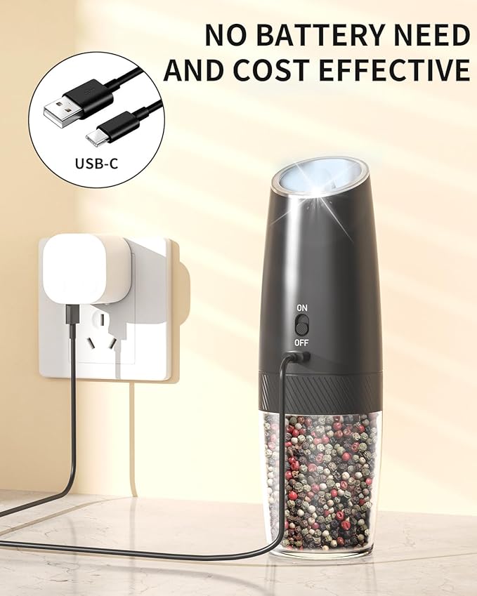 CIRCLE JOY Rechargeable Salt and Pepper Grinder Set Gravity Electric Salt and Pepper Grinder Set, LED Light, Adjustable Coarseness, for Home Kitchen BBQ, Black & White