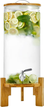 Beverage Dispenser 2.9 Gallon with Spigot Glass Water Dispenser for Parties, Bars, Restaurants (11L）with Wood Stand Drink Dispensers