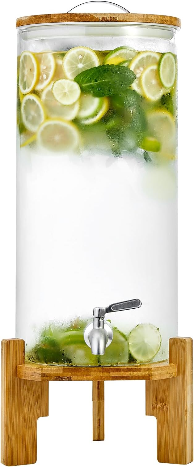 Beverage Dispenser 2.9 Gallon with Spigot Glass Water Dispenser for Parties, Bars, Restaurants (11L）with Wood Stand Drink Dispensers
