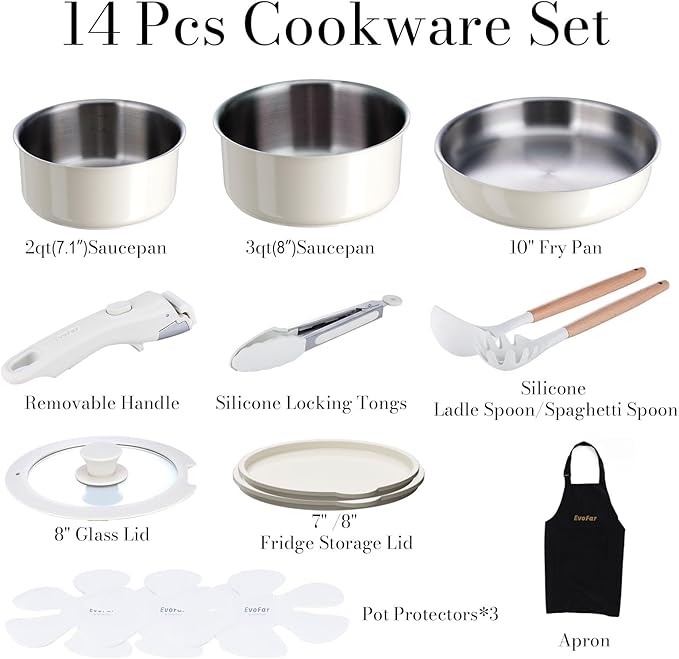14 pcs Stainless Steel Cookware Set, Detachable Pots and Pans Set with Removable Handle, Non Toxic Space Saving RV Camping Cookware Set, Induction Cookware, Dishwasher & Oven Safe