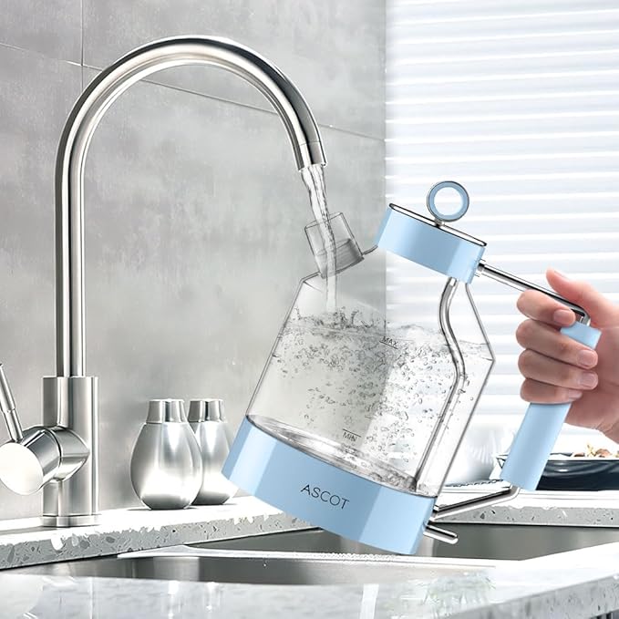 Electric Kettle, ASCOT Glass Electric Tea Kettle 1.5L 1500W Retro Tea Heater & Hot Water Boiler, No Plastic, BPA-Free, Cordless, with Auto Shut-Off and Boil-Dry Protection (Blue)