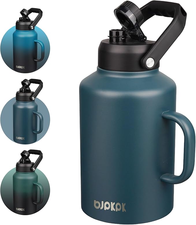 BJPKPK 1 Gallon Water Bottle with Handle, Large Dishwasher Safe 128oz Insulated Water Bottle, BPA Free Water Jug, Wide Mouth Metal Water Bottle with Anti-slip Bottom, Keep Cold & Hot,Navy Blue