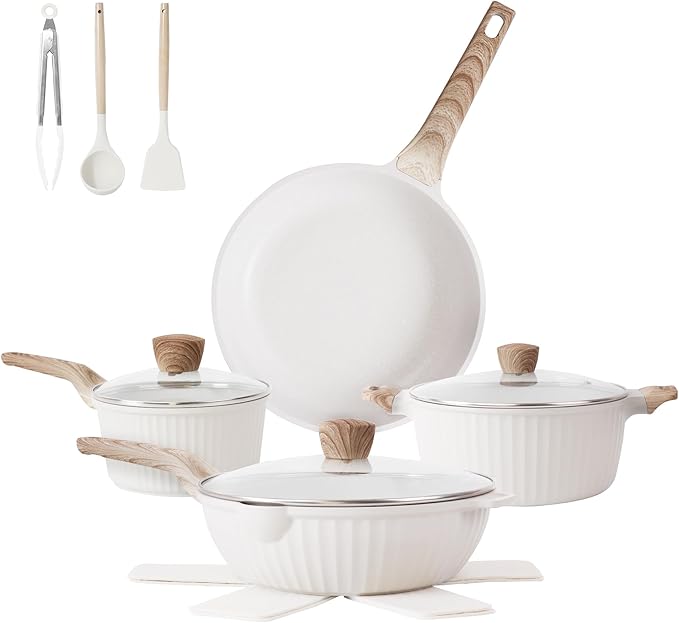 13-Piece Nonstick Pots and Pans Set – Granite Stone Kitchen Cookware Set, PFOA-Free – Includes Frying Pans, Saucepans, Sauté Pan – Induction Compatible, White