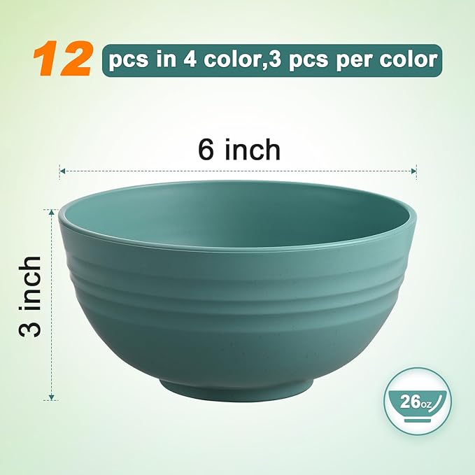 12 Pcs Unbreakable Cereal Bowls Set, 26 Oz Wheat Straw Bowls Set, Microwave & Dishwasher Safe Bowls for Kitchen, Reusable Plastic Bowls for Soup, Salad and Snack, BPA Free, Multicolor