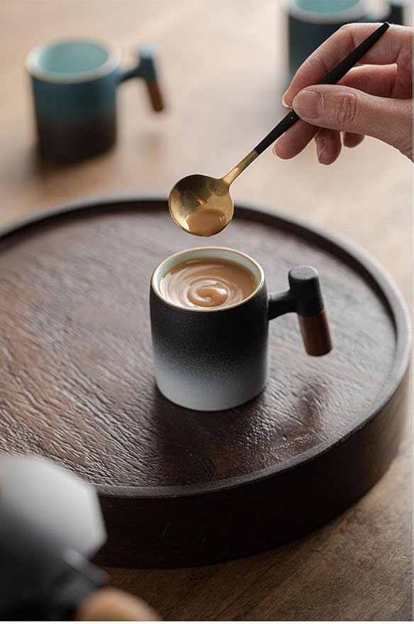 2-Oz Ceramic Espresso Cups with Wood Handle, 2/4-Piece Set for Coffee, Tea, Latte - Dishwasher Safe, Multi-Color & Wood Styles, Gift & Café Use (black white2&blue black2, Wooden Handle4)