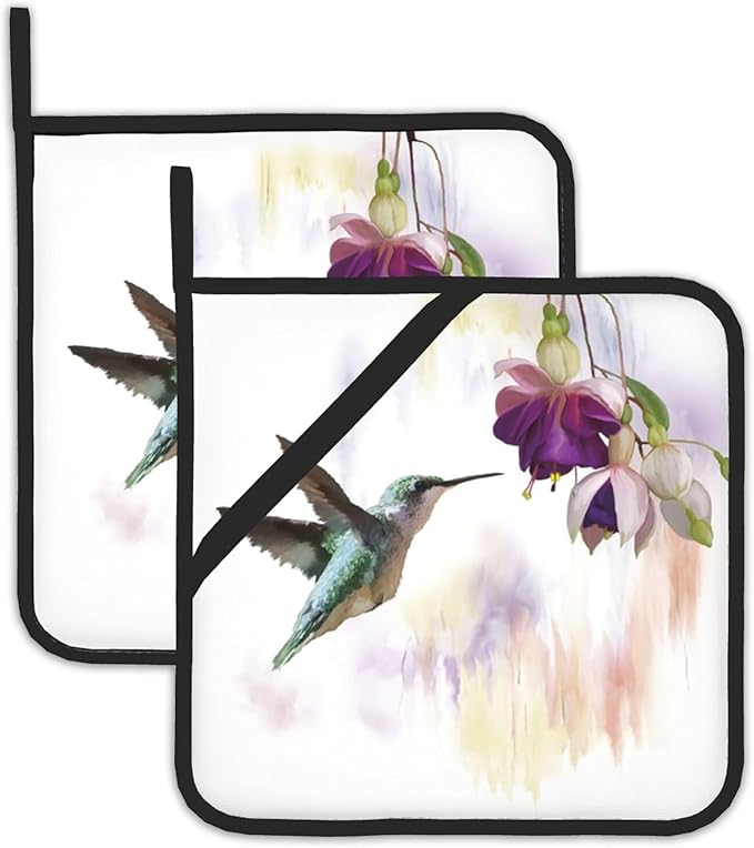 2 Pack Groovy Hummingbird Flowers Pot Holders for Kitchen Heat Resistant, Potholders for Kitchens Washable for Cooking & Baking & Microwave