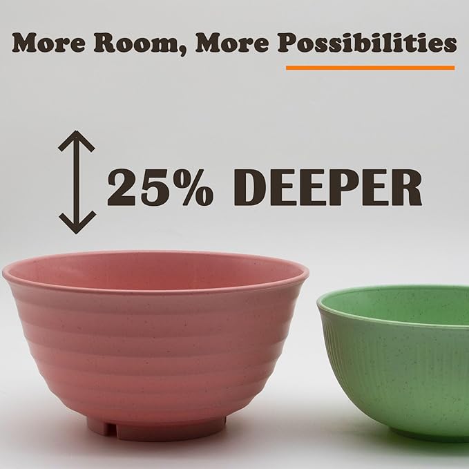 Cereal Bowls Set, 37oz Unbreakable Wheat Straw Bowls Set, 6 Pcs Reusable Plastic Soup Bowls, Deep Lightweight Bowl Sets