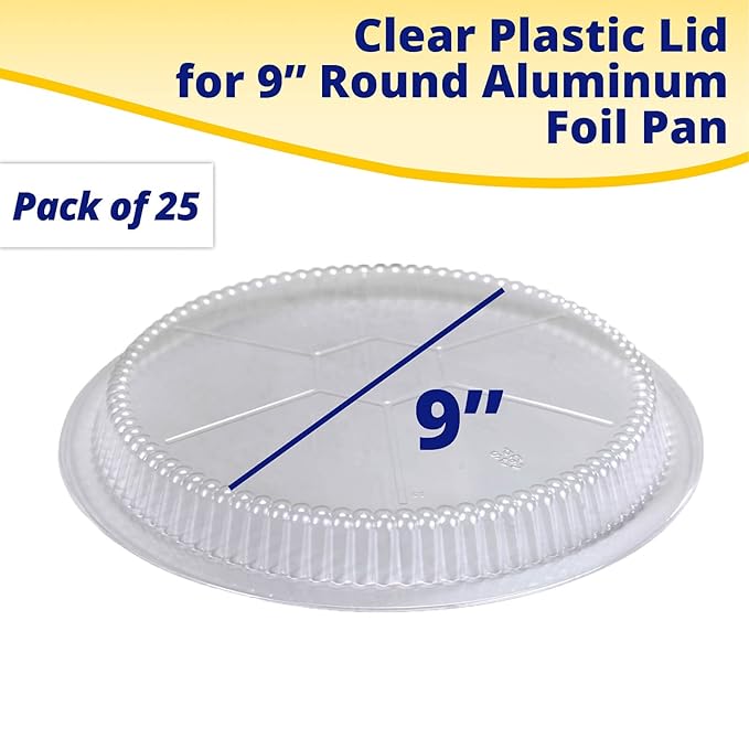 IDL Packaging 9" Round Dome Lid for Aluminum Foil Pan (Pack of 25) - Clear Plastic Lid for 9" Aluminum Container - Disposable Aluminum Pans Cover for Takeout, Serving, Freezing