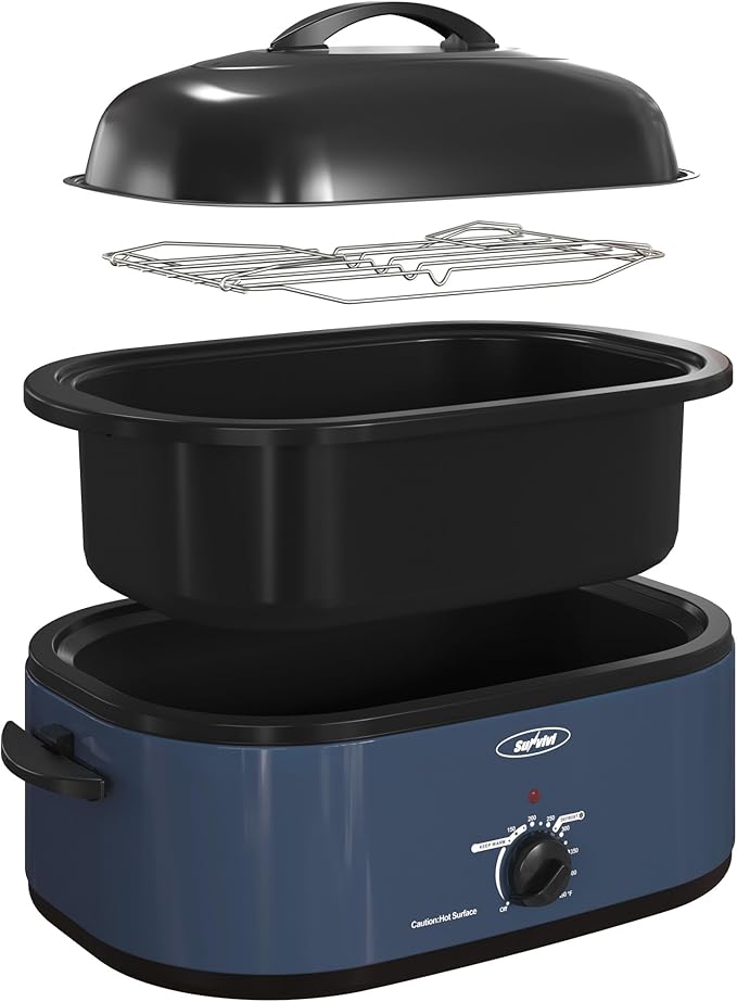 Sunvivi 18-Quart Roaster Oven with Self-Basting Lid, Electric Turkey Roaster Oven with Removable Pan and Rack, Stainless Steel, Blue