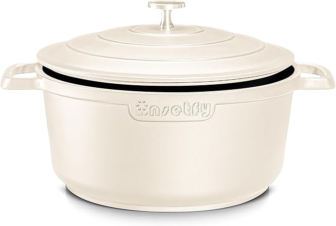 Large Dutch Oven Pot with Lid-7.5QT Cast Aluminum Oven Pot with Two Handles Lightweight for Bread Baking Braising and Roasting(Beige)