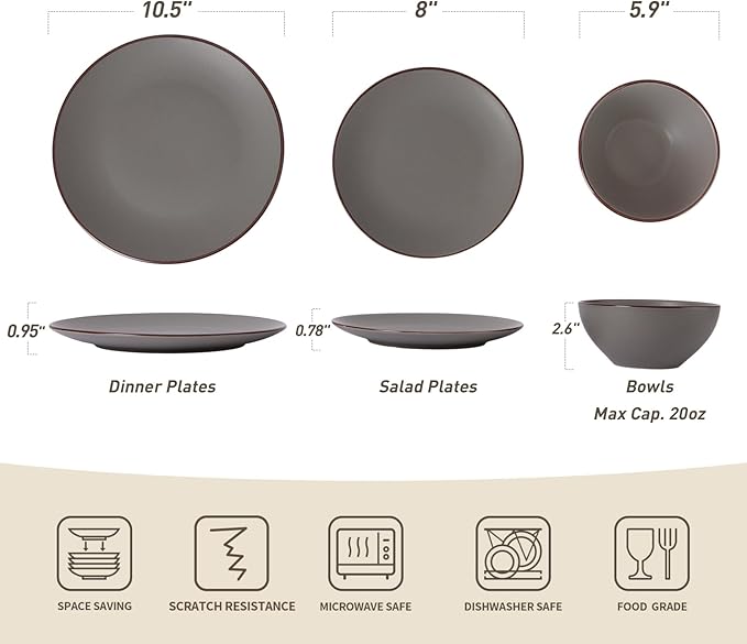Famiware Venus Plates and Bowls Sets, 18 Pieces Stoneware Dinnerware Sets, Speckled Dishes Set for 6, Microwave and Dishwasher Safe, Matte Dark Grey