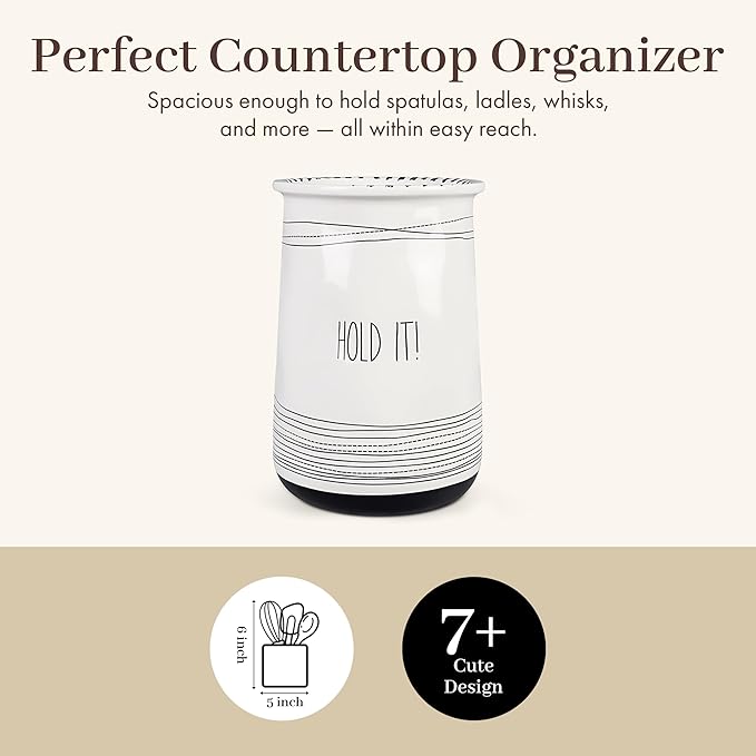 Young's Inc Ceramic Farmhouse Utensil Holder for Kitchen Counter, Black and White Farmhouse Décor Utensil Crock, 4” Diameter Kitchen Utensil Holder 20142