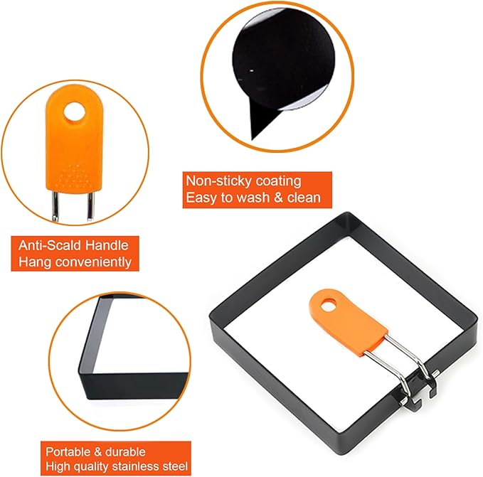 4 Inch Suqare Egg Rings for Frying Eggs,2 Packs 4" Square Egg Rings for Griddle, Stainless Steel Griddle Omelete Rings for Fried Eggs Muffin Tortillas Pancake Ring Crepes Ring with SiliconeHandle