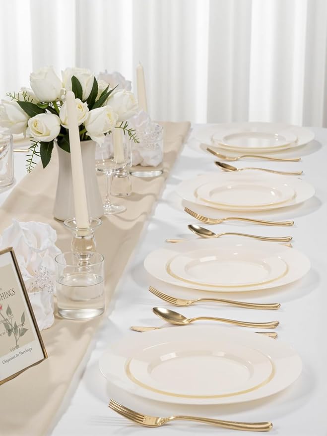 WDF 200PCS Ivory Plastic Plates - Elegant Ivory Disposable Plates for Party- Include 100 Dinner Plate 10’’ and 100 Plastic Dessert Plate 7’’ Perfect for Wedding/Party/BirthdayBaby Shower