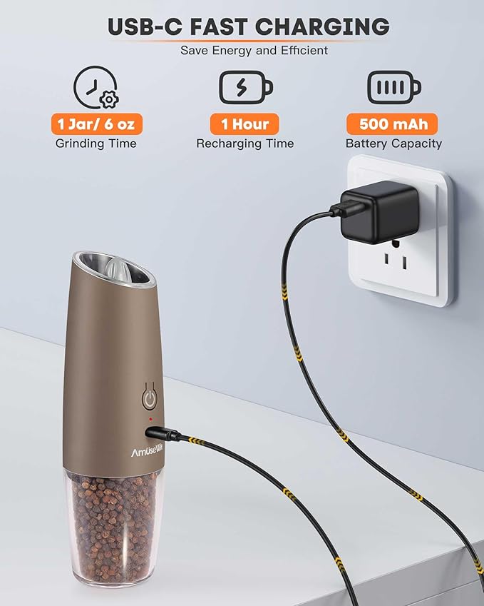 AmuseWit Gravity Electric Salt and Pepper Grinder Set [White Light] USB Rechargeable Automatic Pepper and Salt Mills,Adjustable Coarseness,One-Handed Operation,Greige