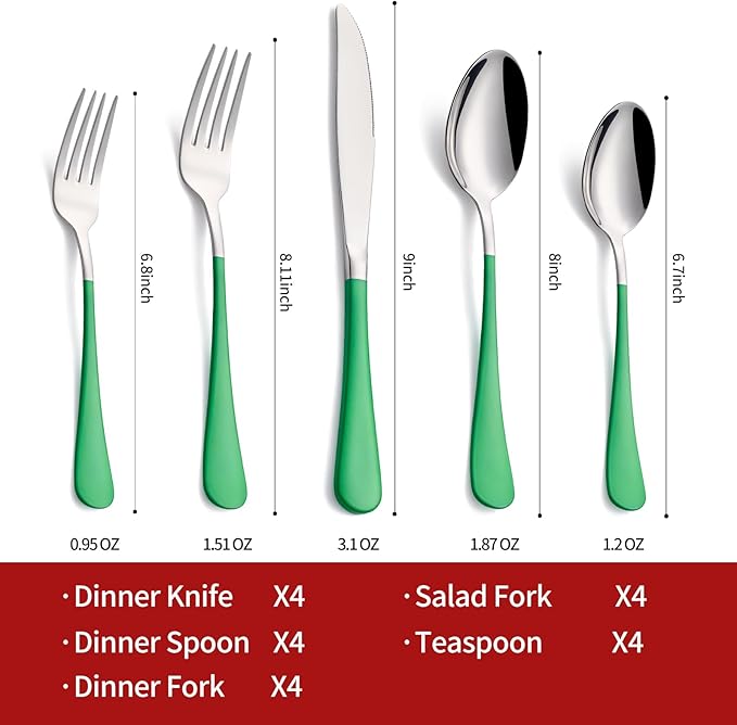 Grass Green Silverware Set 20 Piece 18/0 Stainless Steel Flatware Grass Green Handle Cutlery Set Service for 4 Fork Knife Spoon Set Mirror Finish Dishwasher Safe