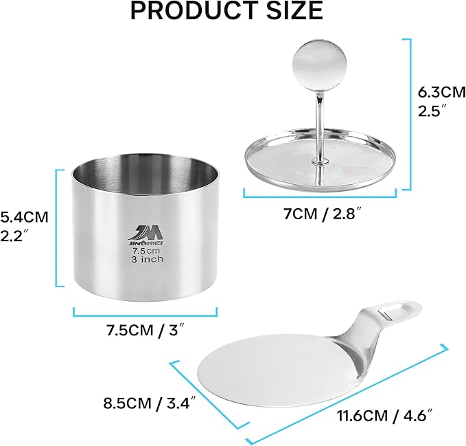 6 Pack Round Cake Ring Molds, Seamless Stainless Steel Cake Cutter with Pusher & Lifter, 3-Inch Dessert Mousse Rings for Baking (Includes 1 Pusher, 1 Lifter and 6 Rings)