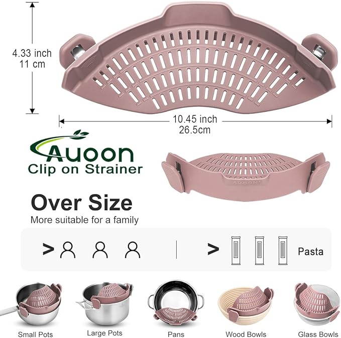 Large AUOON Clip on Strainer for All Pots and Pans - Oversized Silicone Pot Strainer Family-Style Design Pasta Strainer Kitchen Colander for Spaghetti and Noodles | Dishwasher Safe