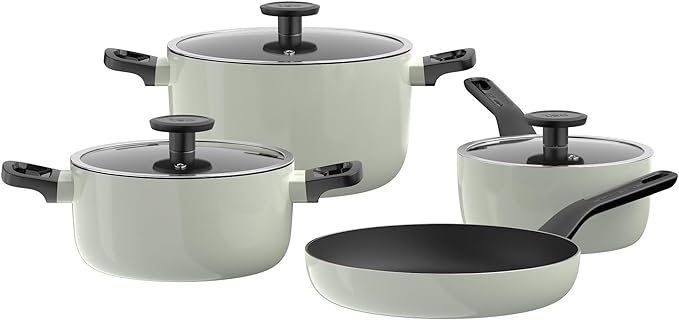BergHOFF Leo Glints 7Pc Non-stick Ceramic Cookware Set With Glass Lid, Recycled Aluminum, CeraGreen Non-toxic Coating, Stay-cool Handle, Sage