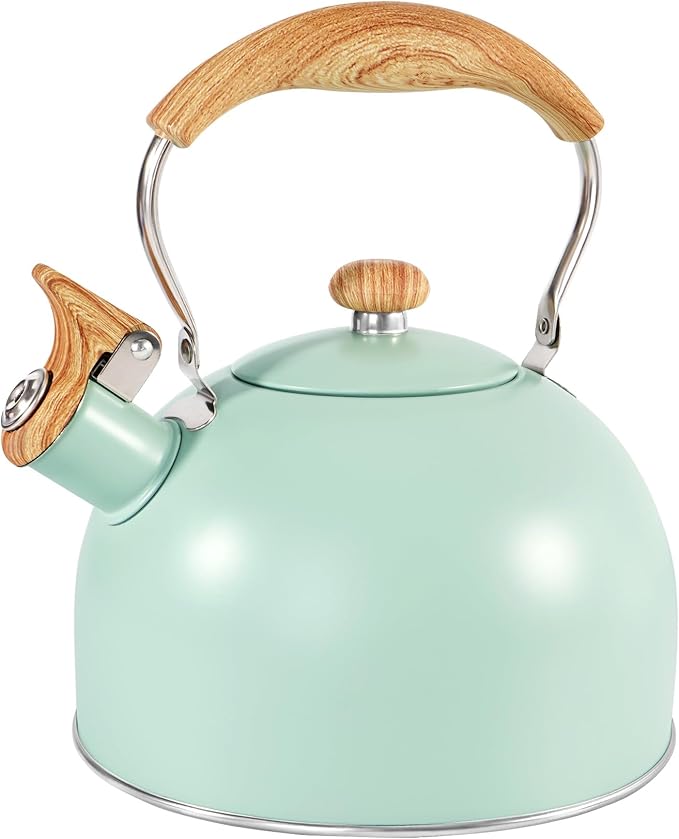 GGC Tea Kettle for Stove Top, 85OZ/2.6QT Whistling Tea Kettles for Boiling Water Milik or Coffee, Green Stainless Steel Tea Pots with Wood Pattern Folding Handle, Thumb Design Control Kettle Outlet