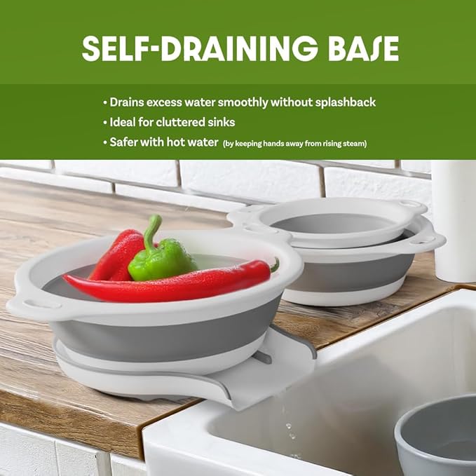 Collapsible Colanders (3 Pack Set) Food Strainers with Over-Sink Water Draining Base for Pasta Fruits and Vegetables, White (3 Sizes, 3QT, 4QT and 5 Quart)