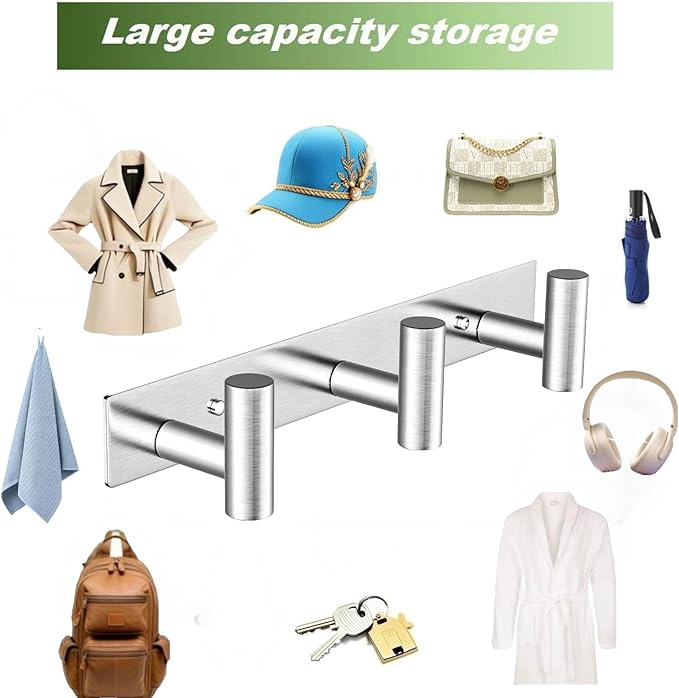Wall Mounted Coat Rack-3 Hooks, Heavy Duty Stainless Steel Hook Rail for Towel Coat Hat Purse Bag Jacket, Towel Hooks for Entryway Bathroom Kitchen (Silvery 3 Hooks - 1 Pack)
