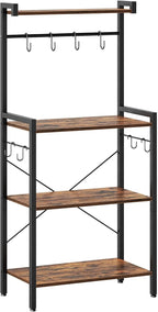 HOOBRO Kitchen Bakers Rack with Storage, 4 Tiers Coffee Bar Station, Microwave Stand with 8 S-Shaped Hooks, Kitchen Storage Shelf Rack for Small Spaces, Rustic Brown and Black BF04HB01