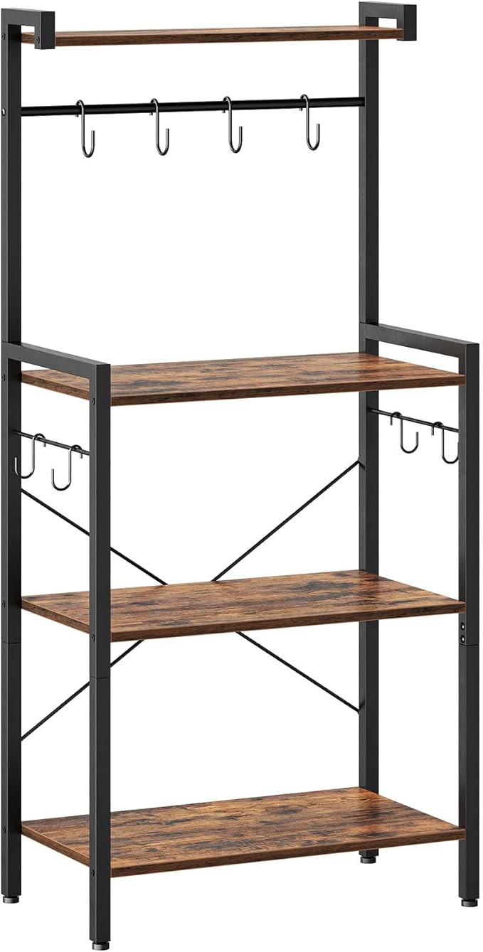 HOOBRO Kitchen Bakers Rack with Storage, 4 Tiers Coffee Bar Station, Microwave Stand with 8 S-Shaped Hooks, Kitchen Storage Shelf Rack for Small Spaces, Rustic Brown and Black BF04HB01