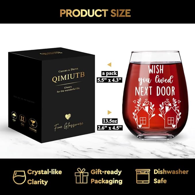 wish you lived next door wine glasses,Best Friend Birthday Gifts for Women,Funny Birthday Gifts for Women,Coworkers,best friends-115, Transparent
