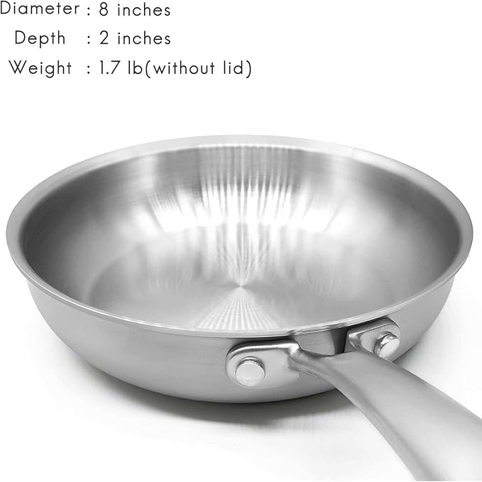 Fortune Candy 8-Inch Fry Pan with Lid, 3-ply Skillet, 18/8 Stainless Steel, Dishwasher Safe, Induction Ready, Silver